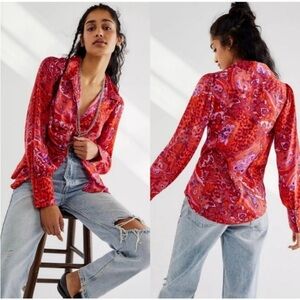 FREE PEOPLE Bianca Printed Button Front Ruched Blouse Size Medium